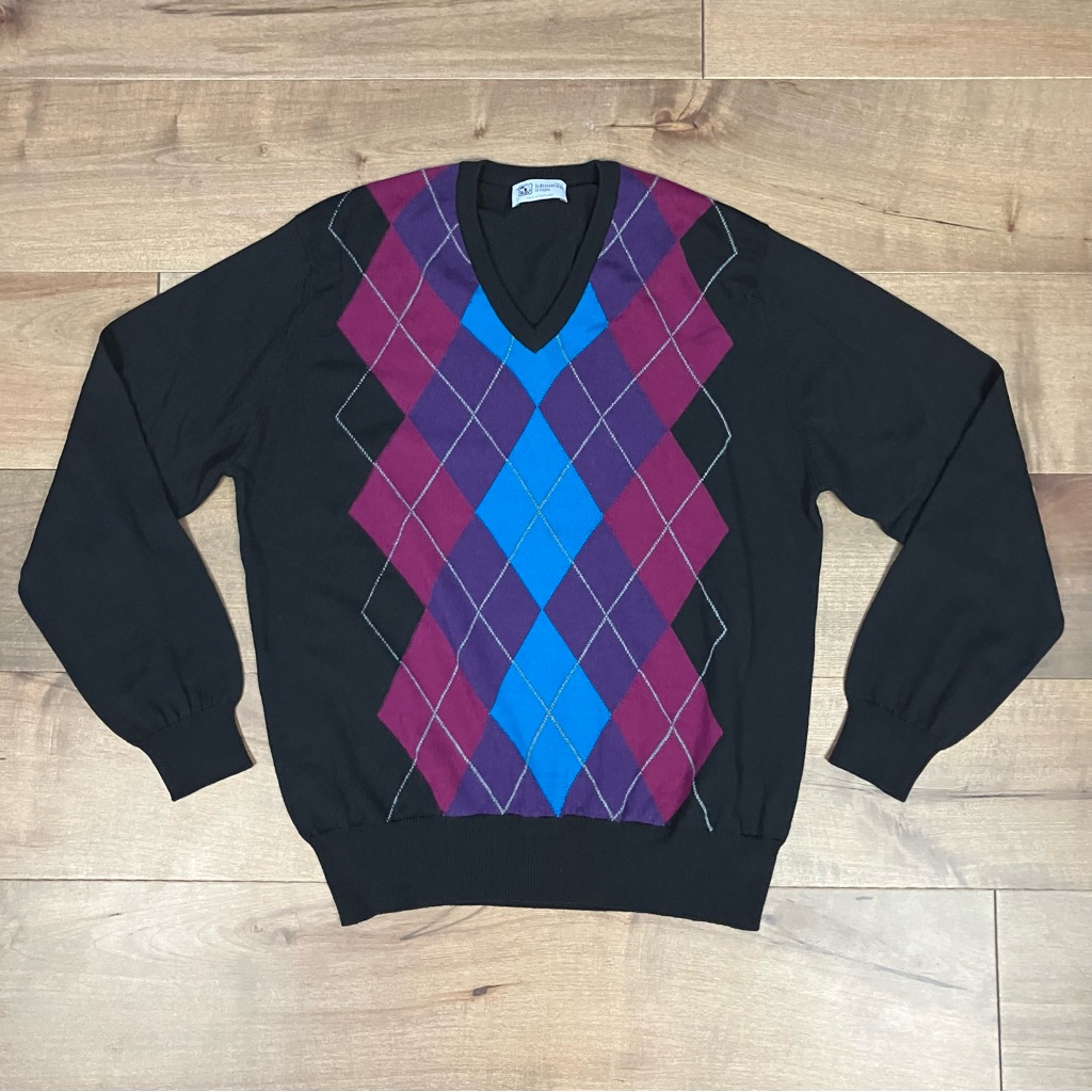 Johnstons Of Elgin Men’s Size M 100% Wool V Neck Sweater Argyle Black Scotland